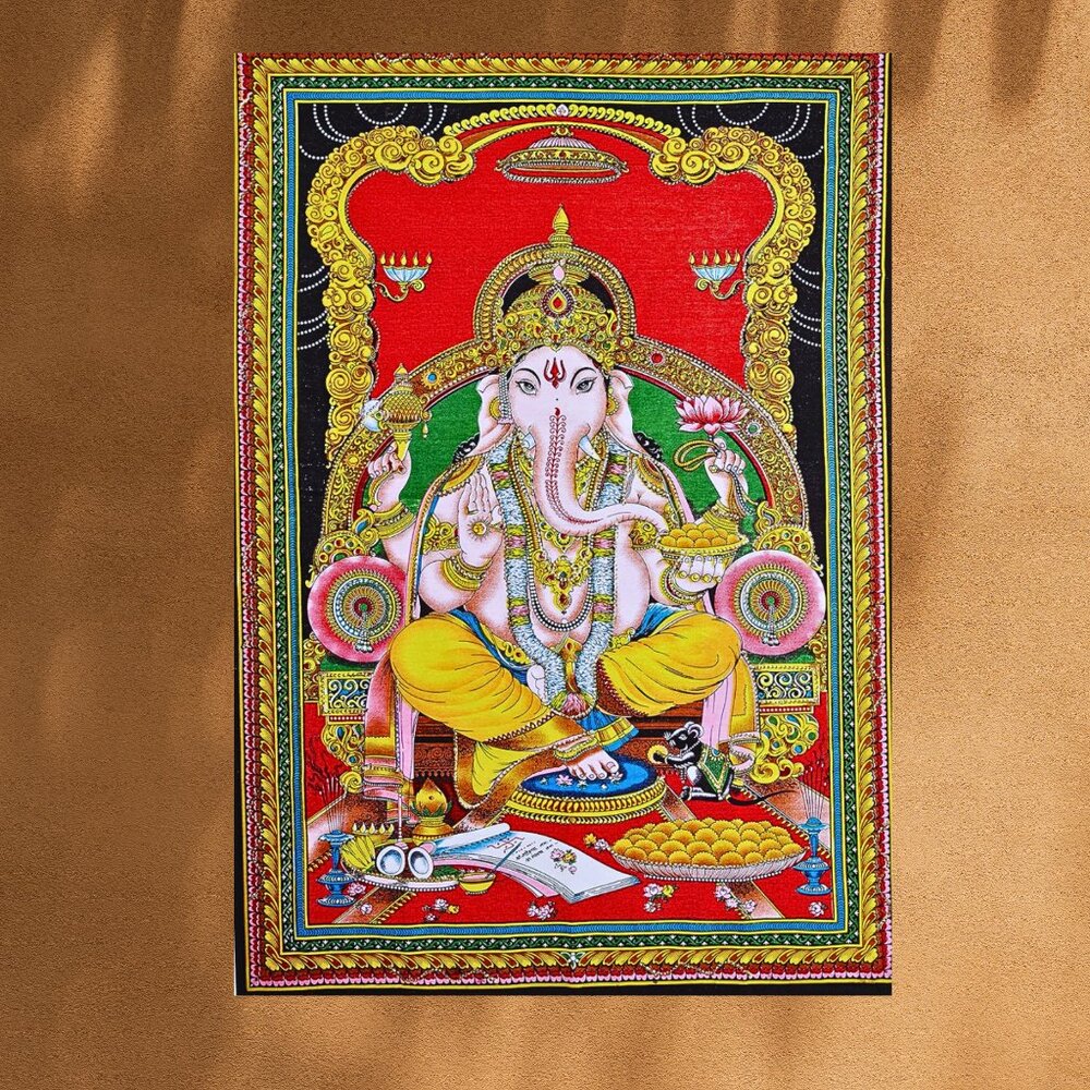 Lord Ganesha Deity Sequin Tapestry Indian God Batik Cotton Wall Hanging 43"x30"